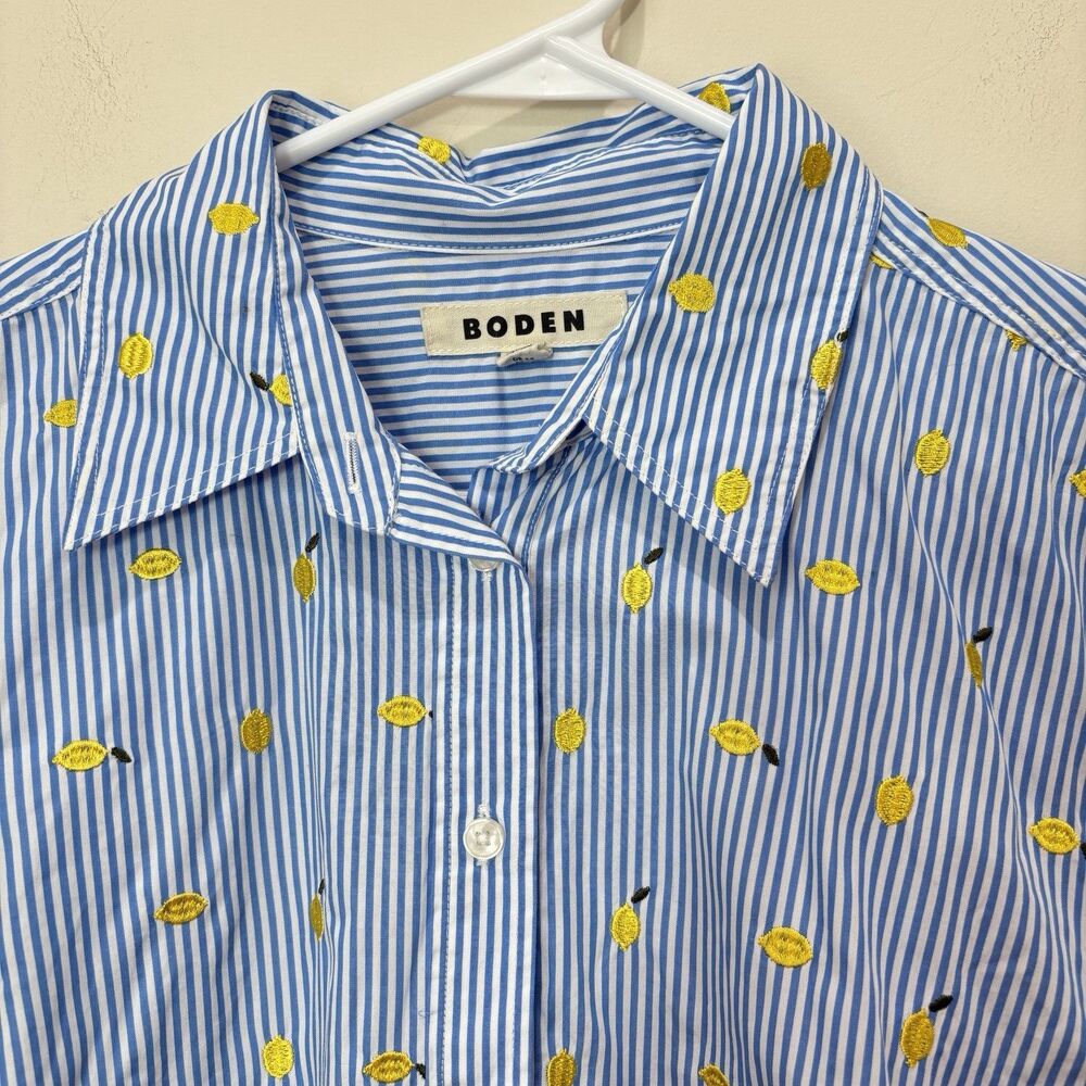 Boden Sienna Embroidered Lemons Shirt US 14 Blue Stripe Yellow Fruit Resort Prep - Picture 2 of 8